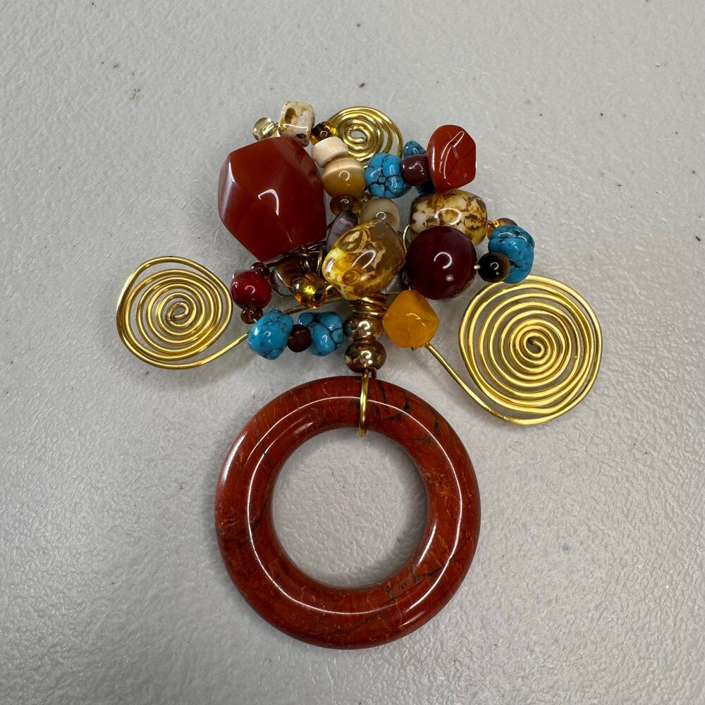 large artisan mixed stone bead statement brooch pin red turquoise gold tone 4”